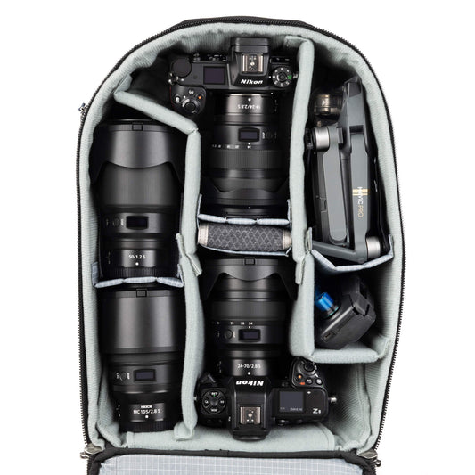 Think Tank Airport Essentials Rolling Camera Backpack configured with Nikon camera gear