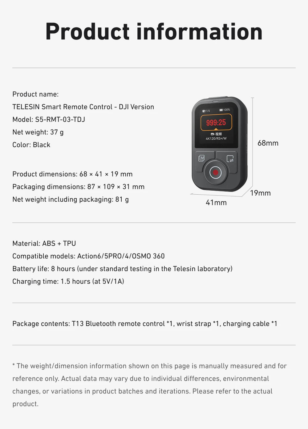 TELESIN Bluetooth Remote for DJI Osmo Action 4 / 5 / 6