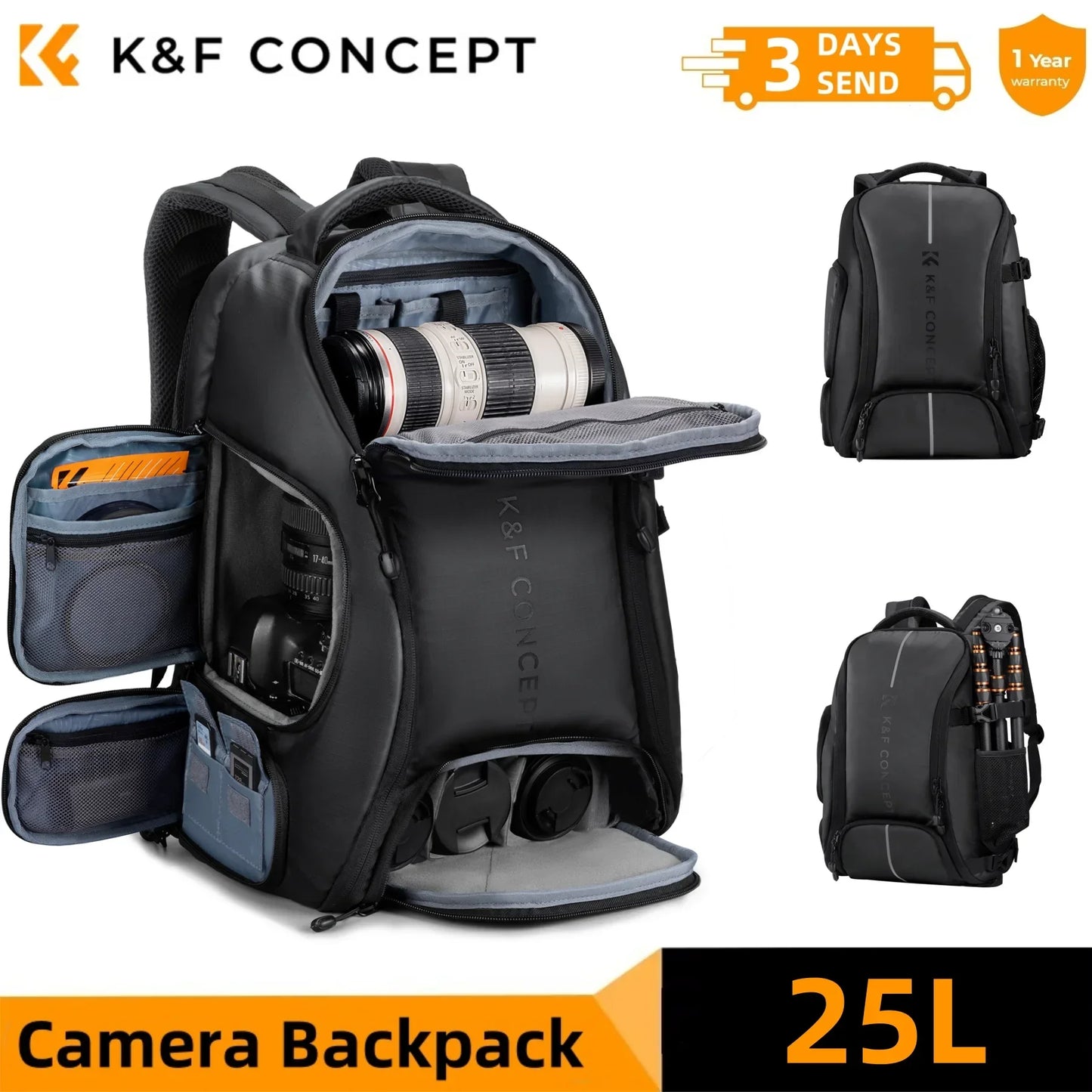 K&F Concept 25L Camera Backpack with Tripod Strap & Rain Cover