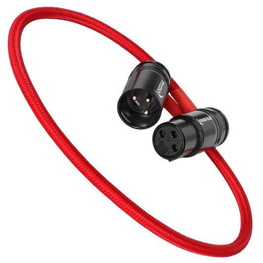 Kondor Blue 16 inch straight low-profile right-angle XLR cable Cardinal Red connector view