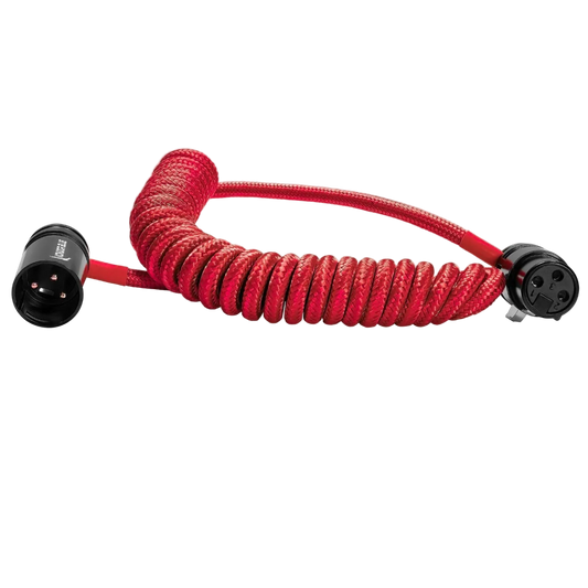 Kondor Blue 12 to 24 inch coiled low-profile right-angle XLR cable Cardinal Red connector view