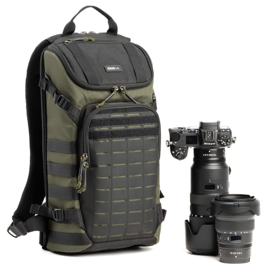 Think Tank DarkLight 14L Montane Green tactical camera backpack with photography gear