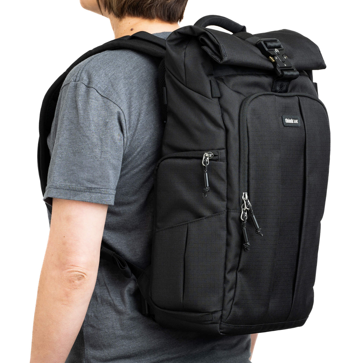 Think Tank FocusPoint 22L Rolltop camera backpack worn on body