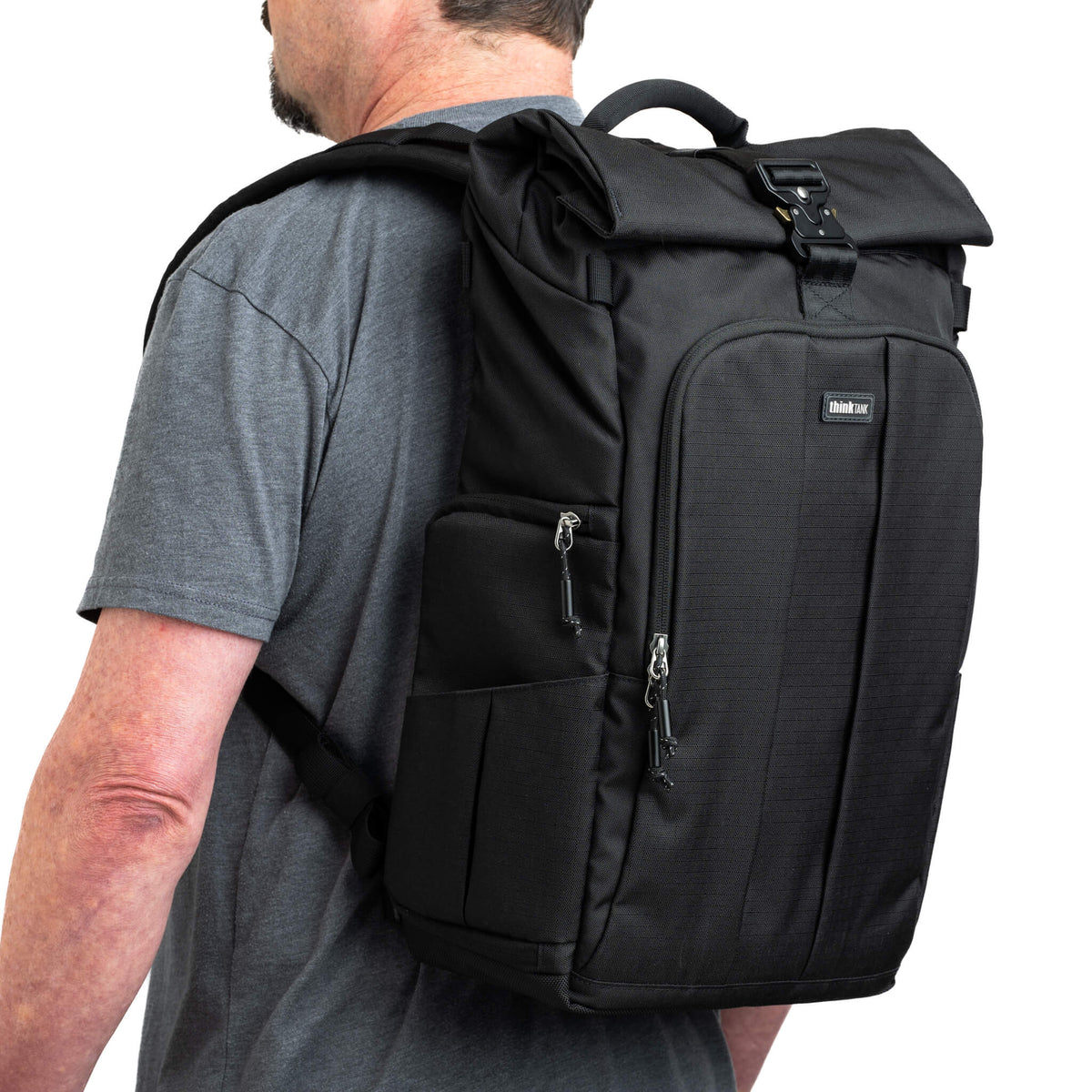 Think Tank FocusPoint 30L Rolltop camera backpack worn on body