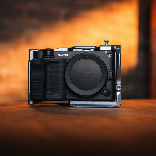 Kondor Blue Nikon ZR Cage Space Gray fitted to Nikon ZR front view