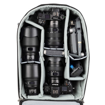 Think Tank Airport Essentials Rolling Camera Backpack configured with Nikon camera gear