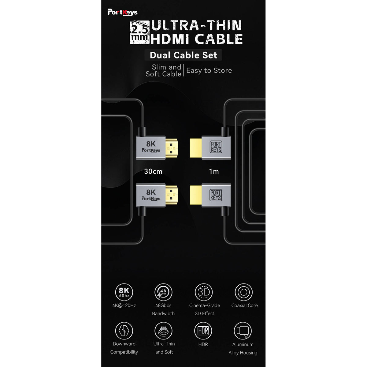 Portkeys Ultra-Thin HDMI A-to-A Cable – 30cm