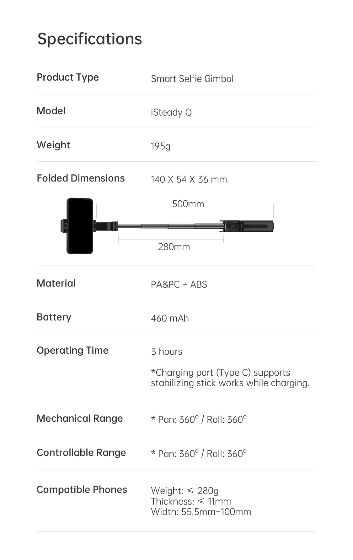Hohem iSteady Q Smartphone Gimbal and Selfie Stick Tripod