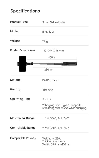 Hohem iSteady Q Smartphone Gimbal and Selfie Stick Tripod