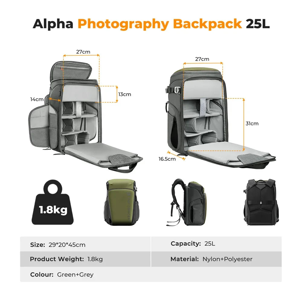 K&F Concept 25L Professional Camera Backpack - Dark gray