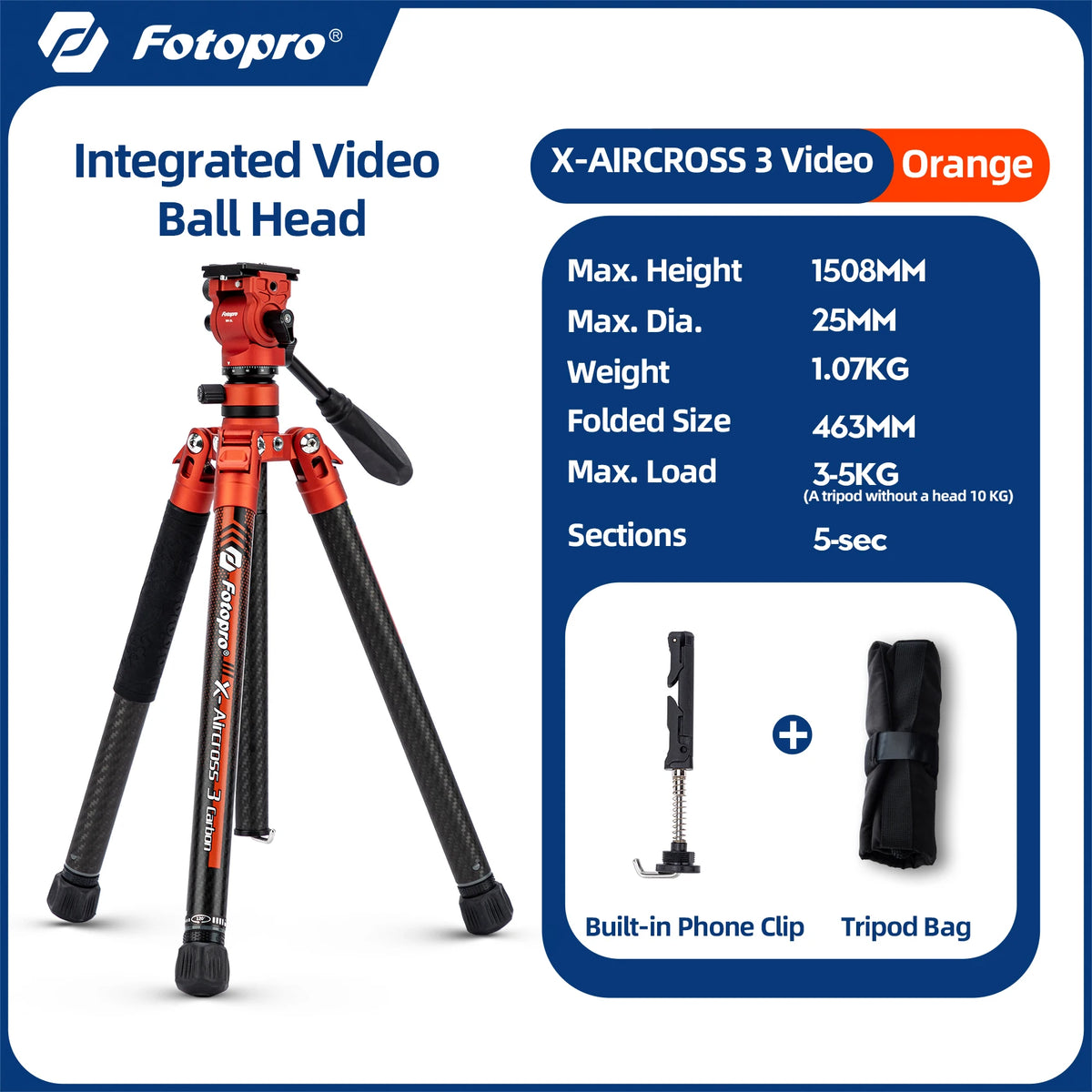 Fotopro X-Aircross 3 Carbon Fibre Travel Tripod