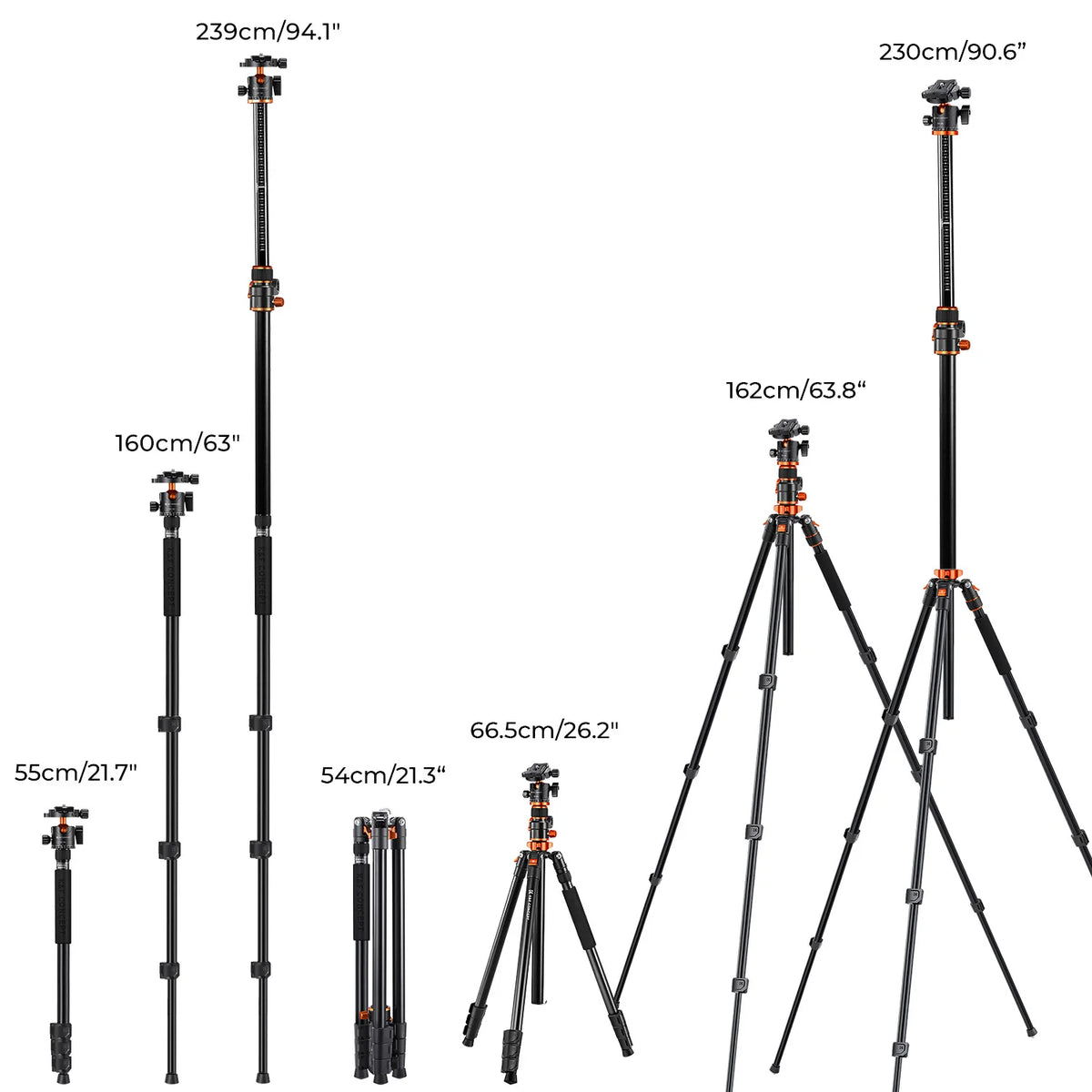 K&F 230cm Aluminium Tripod with Transverse Centre Column