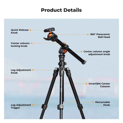 K&F O234A1 76 Inch Travel Tripod with Multi-Angle Centre Column