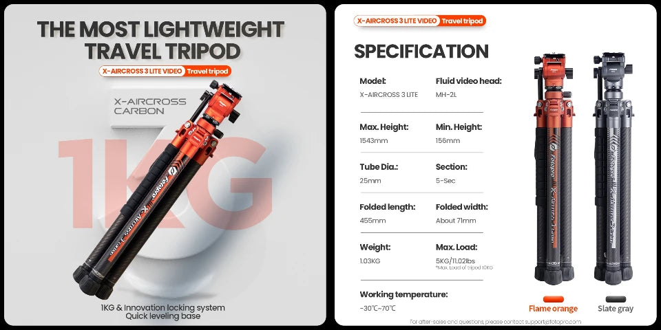 Fotopro X-Aircross 3 Carbon Fibre Travel Tripod