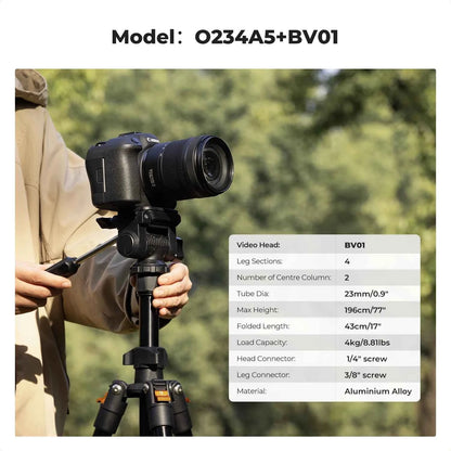 K&F CONCEPT 196cm Camera Tripod 3-Way Head Aluminum Lightweight Video Tripod for DSLR & Smartphone Cell Phone Holder O234A5+BV01