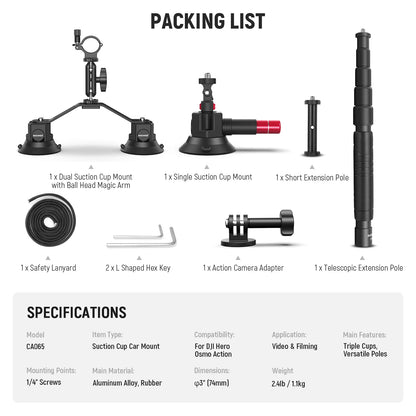 NEEWER Triple Suction Cup Car Mount Kit for Action Cameras