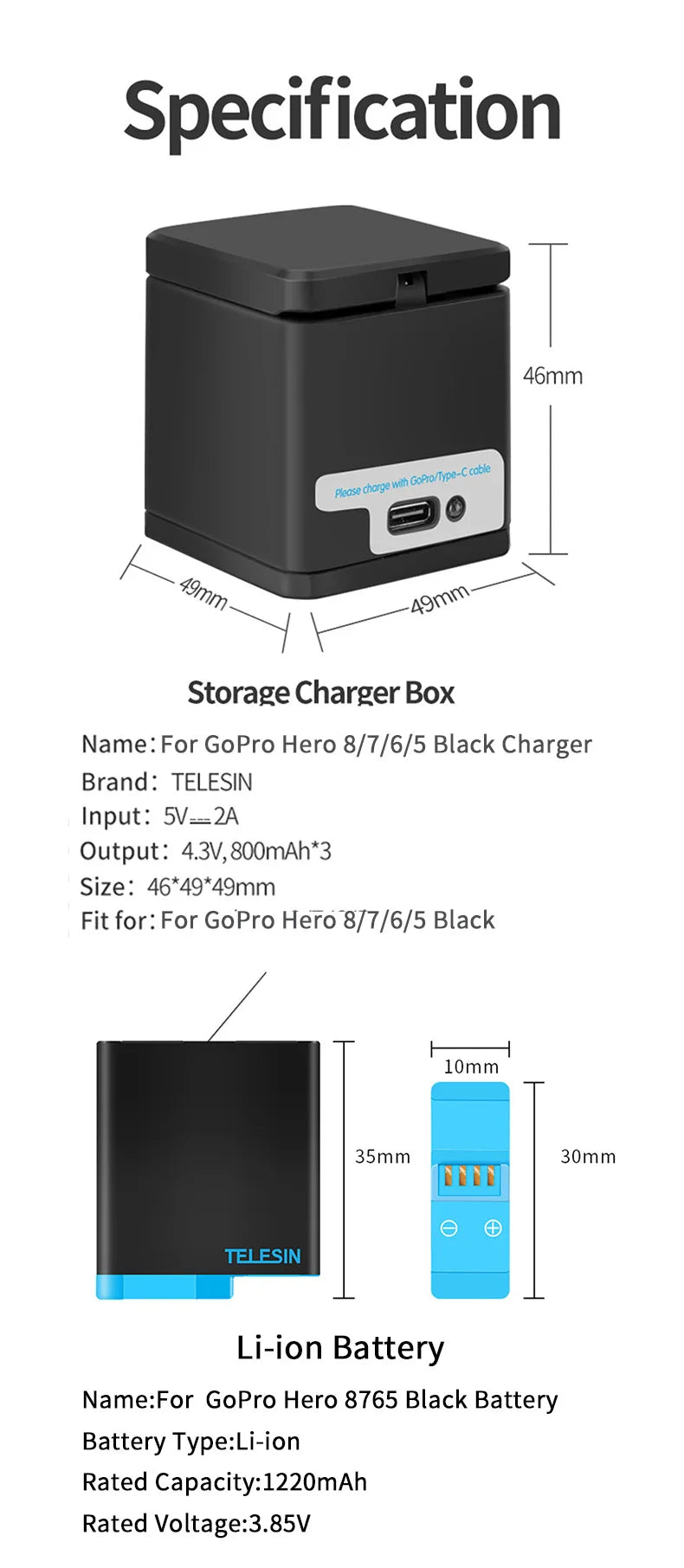 TELESIN 1220mAh Battery & 3-Slot Charger Kit for GoPro HERO 5-8