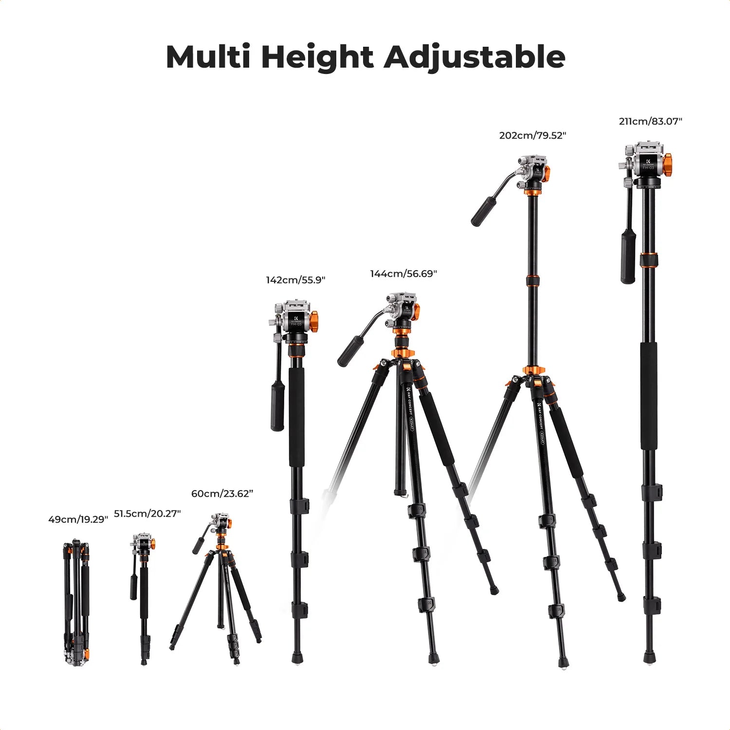 K&F Concept 83-Inch Aluminium Video Tripod with Fluid Head