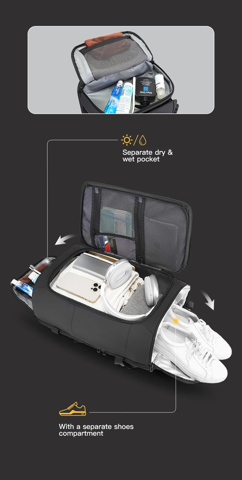 BANGE Large Travel Backpack with Shoe Compartment