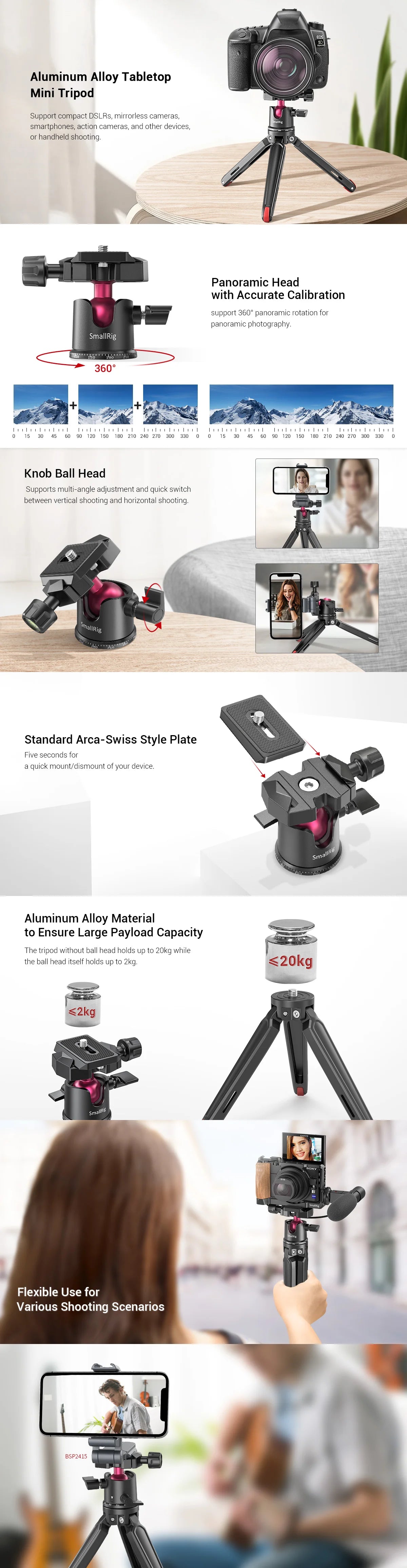 SmallRig Tabletop Camera Tripod with Arca-Type Quick Release Plate