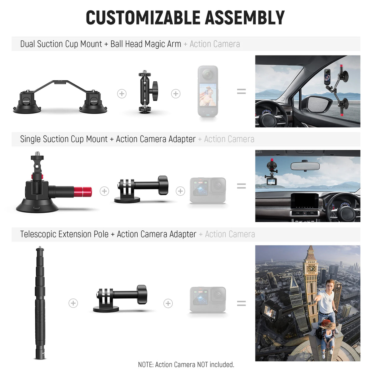 NEEWER Triple Suction Cup Car Mount Kit for Action Cameras