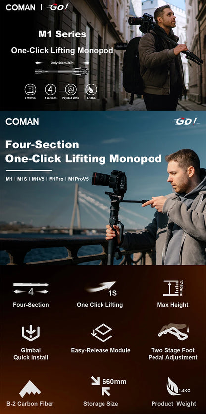 COMAN M1 Pro V5 Carbon Fibre Monopod Tripod