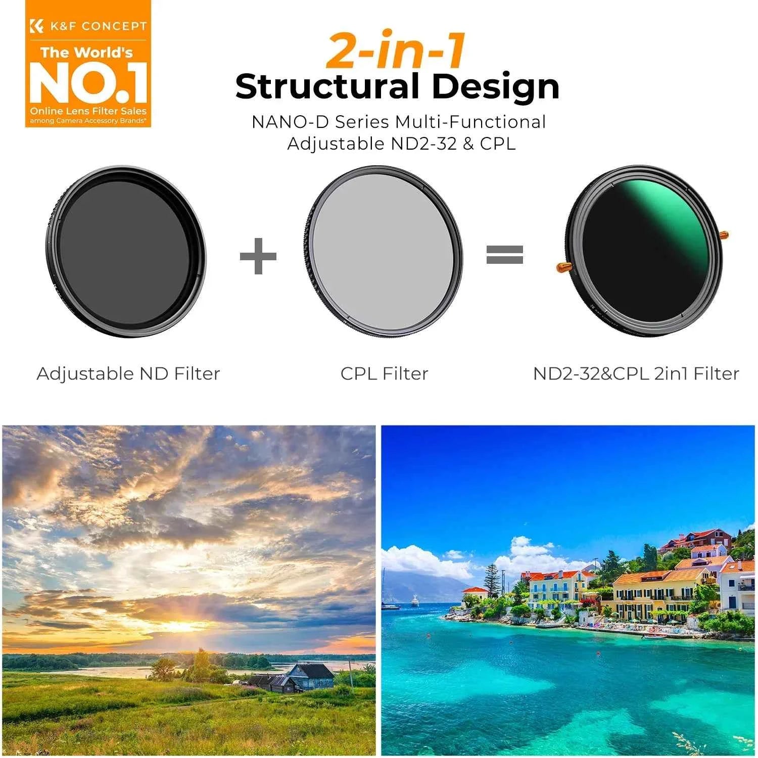 K&F CONCEPT ND & CPL 2 in 1 Lens Filter ND2-ND32 (1-5 Stop) Variable Neutral Density and Polarizer for Camera Lens Nano-D Series