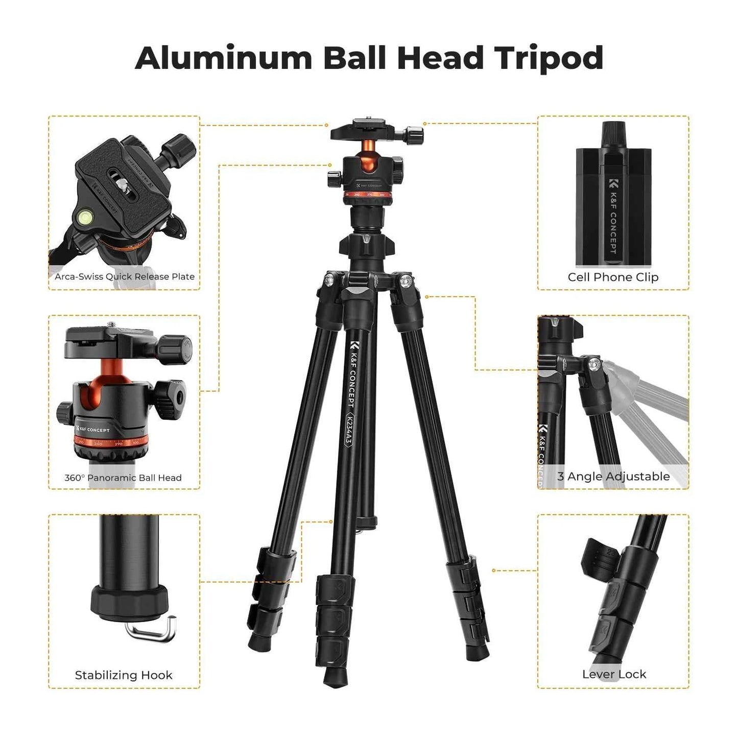 K&F CONCEPT 178cm Lightweight Camera Tripod Cellphone Clip Travel DSLR Tripod for Nikon Canon Camera Outdoor Live Streaming Vlog