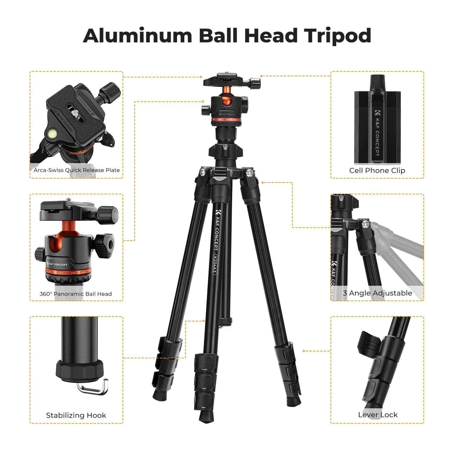 K&F CONCEPT 178cm Lightweight Camera Tripod Cellphone Clip Travel DSLR Tripod for Nikon Canon Camera Outdoor Live Streaming Vlog