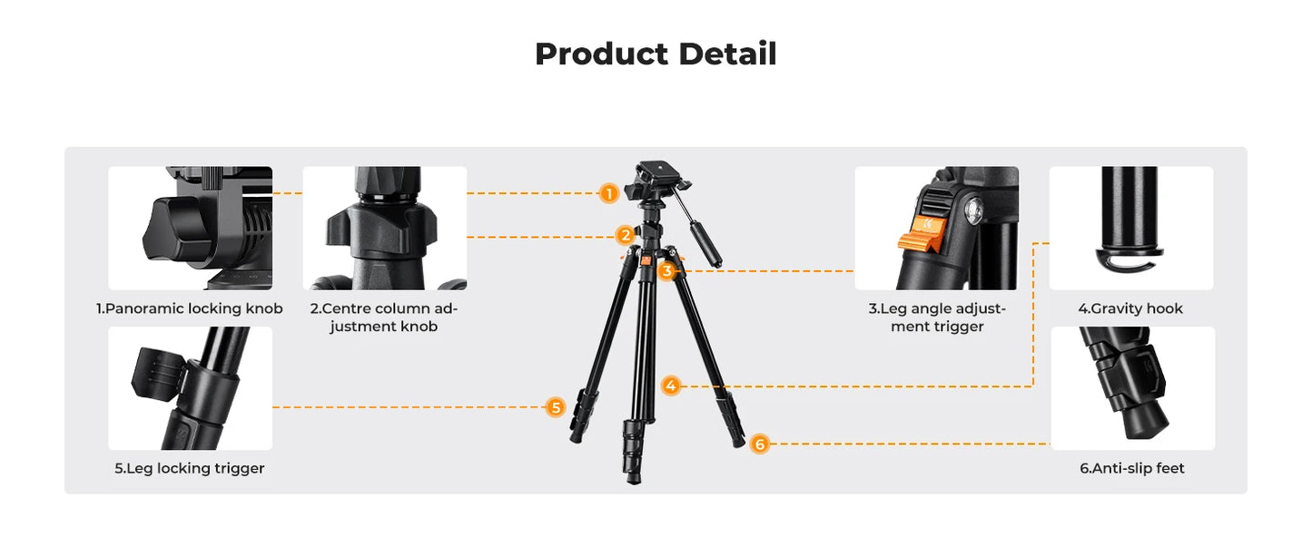K&F 196cm Camera Tripod with 3-Way Head