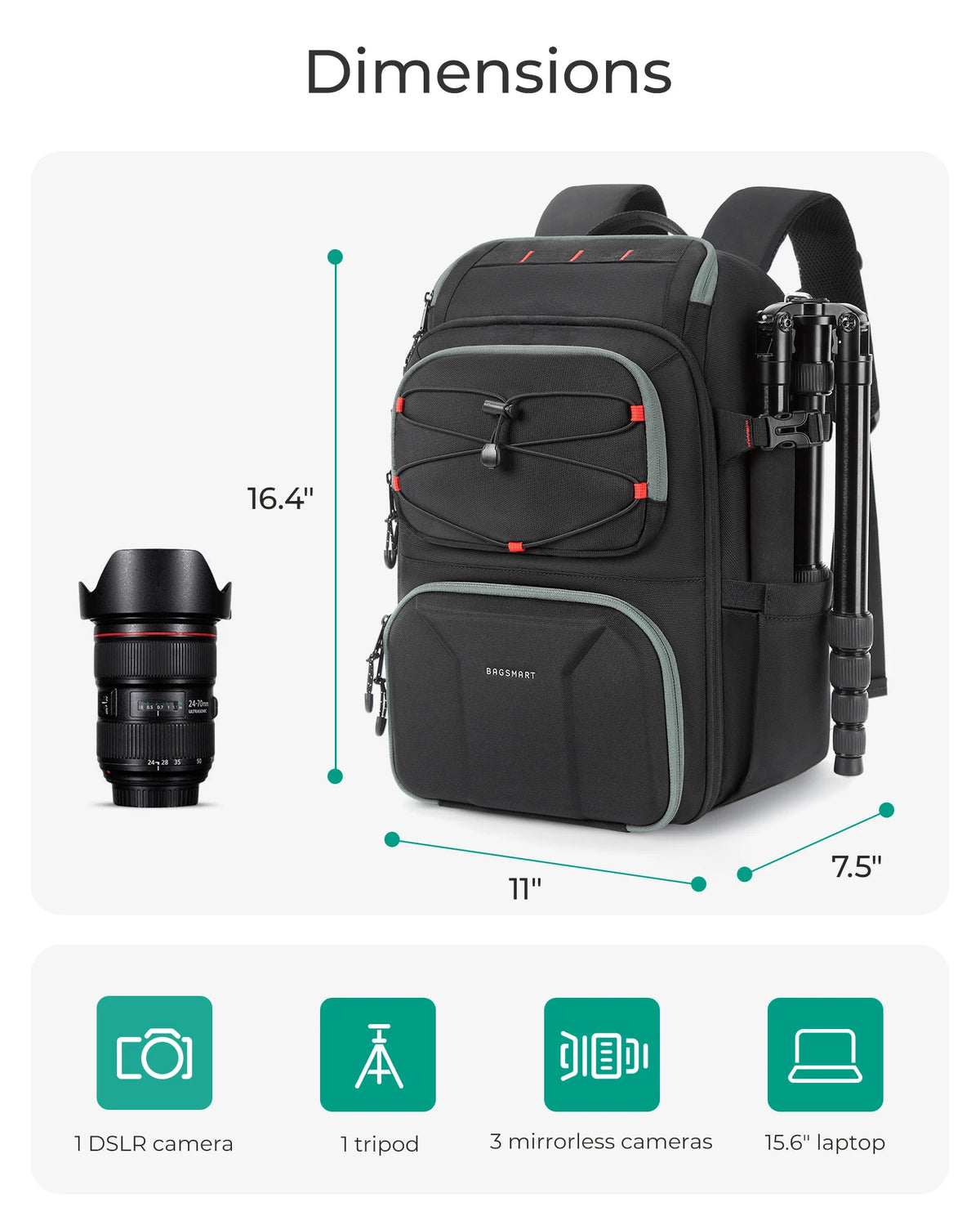 BAGSMART Camera Backpack with 15.6 Inch Laptop Compartment