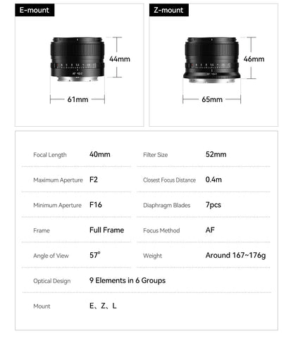 TTArtisan AF 40mm f/2 Full Frame Autofocus Lens