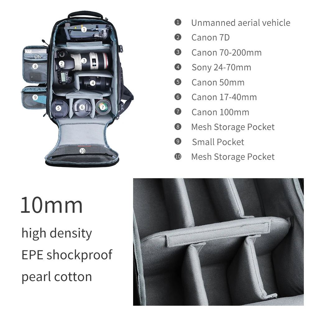 K&F Concept 25L Camera Backpack with Tripod Strap & Rain Cover