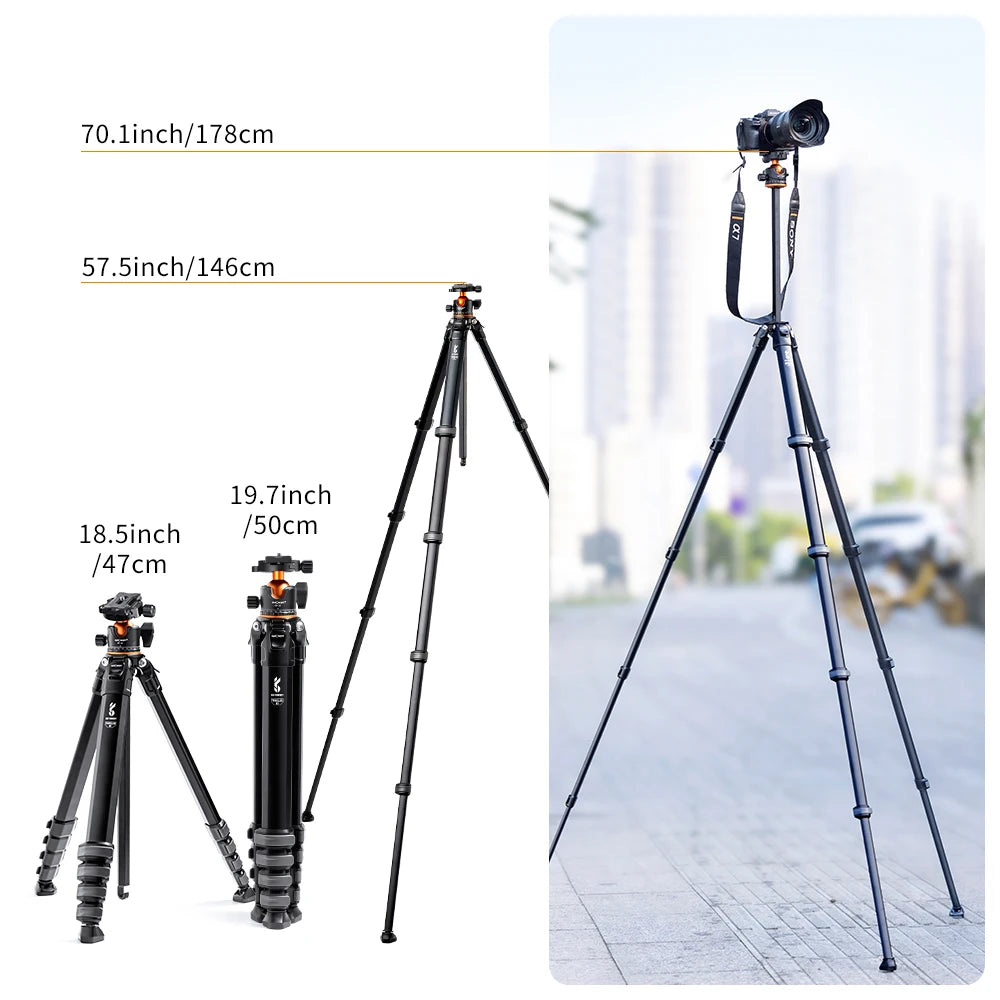 K&F Concept 70-Inch Compact Aluminium Travel Tripod – 15kg Load