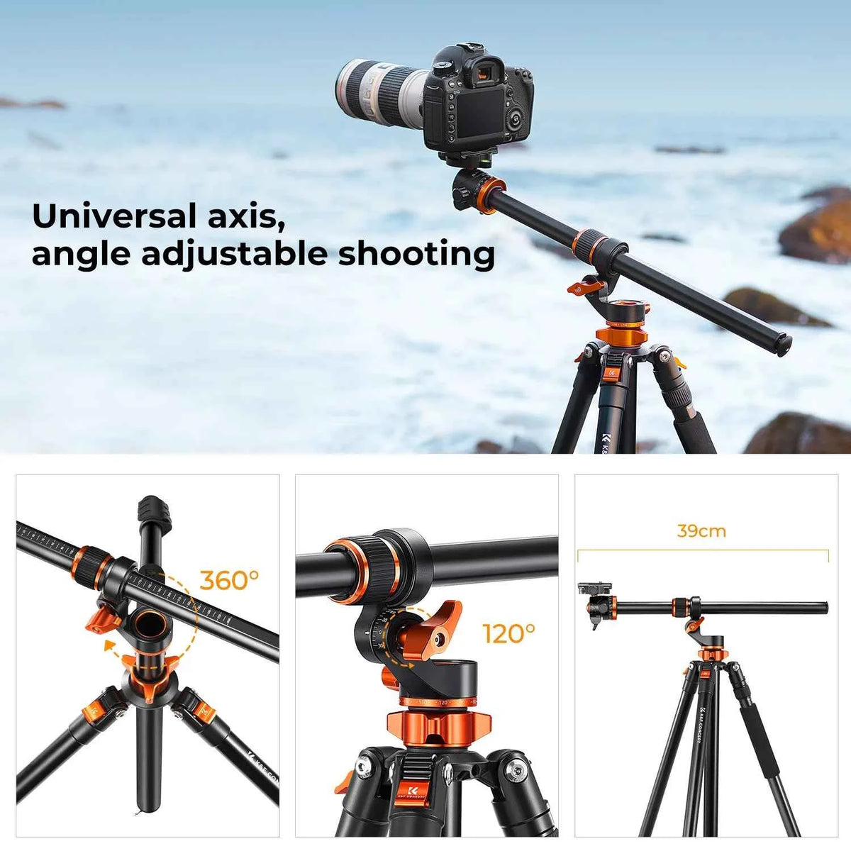 K&F 230cm Aluminium Tripod with Transverse Centre Column