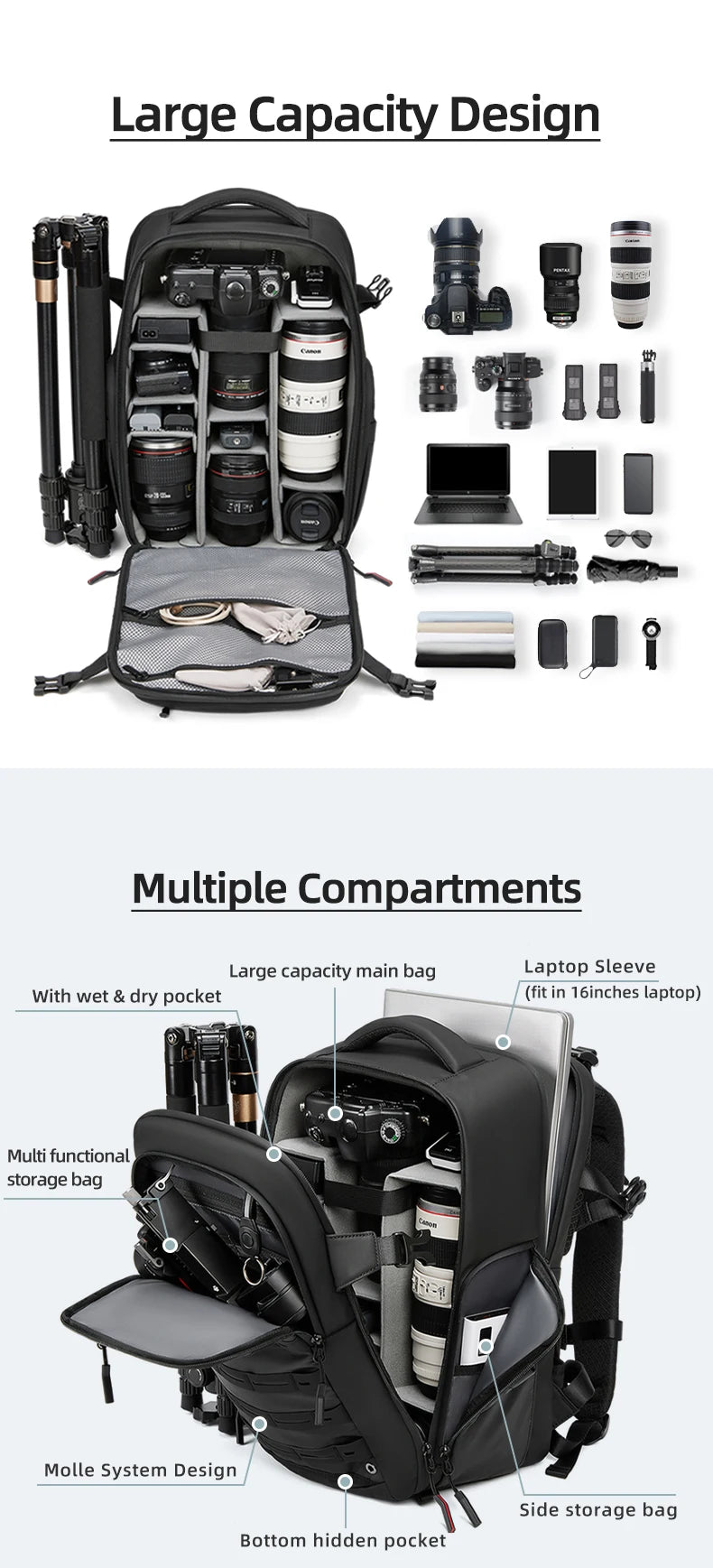 Professional Camera & Drone Backpack with 16-inch Laptop Compartment