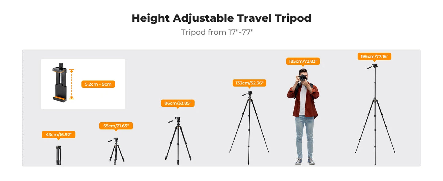 K&F 196cm Camera Tripod with 3-Way Head