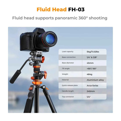 K&F T254A7 231cm Fluid Head Tripod with Transverse Column