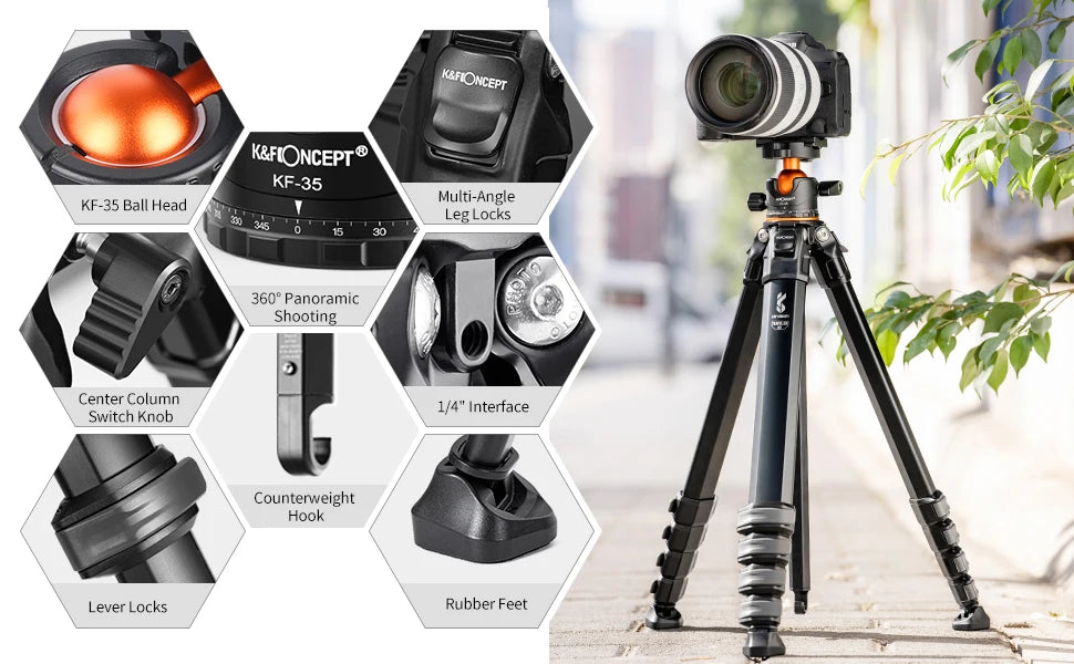 K&F Concept 70-Inch Compact Aluminium Travel Tripod – 15kg Load