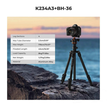 K&F 178cm Aluminium Travel Tripod with Ball Head
