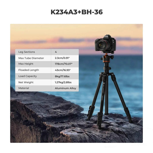 K&F 178cm Aluminium Travel Tripod with Ball Head