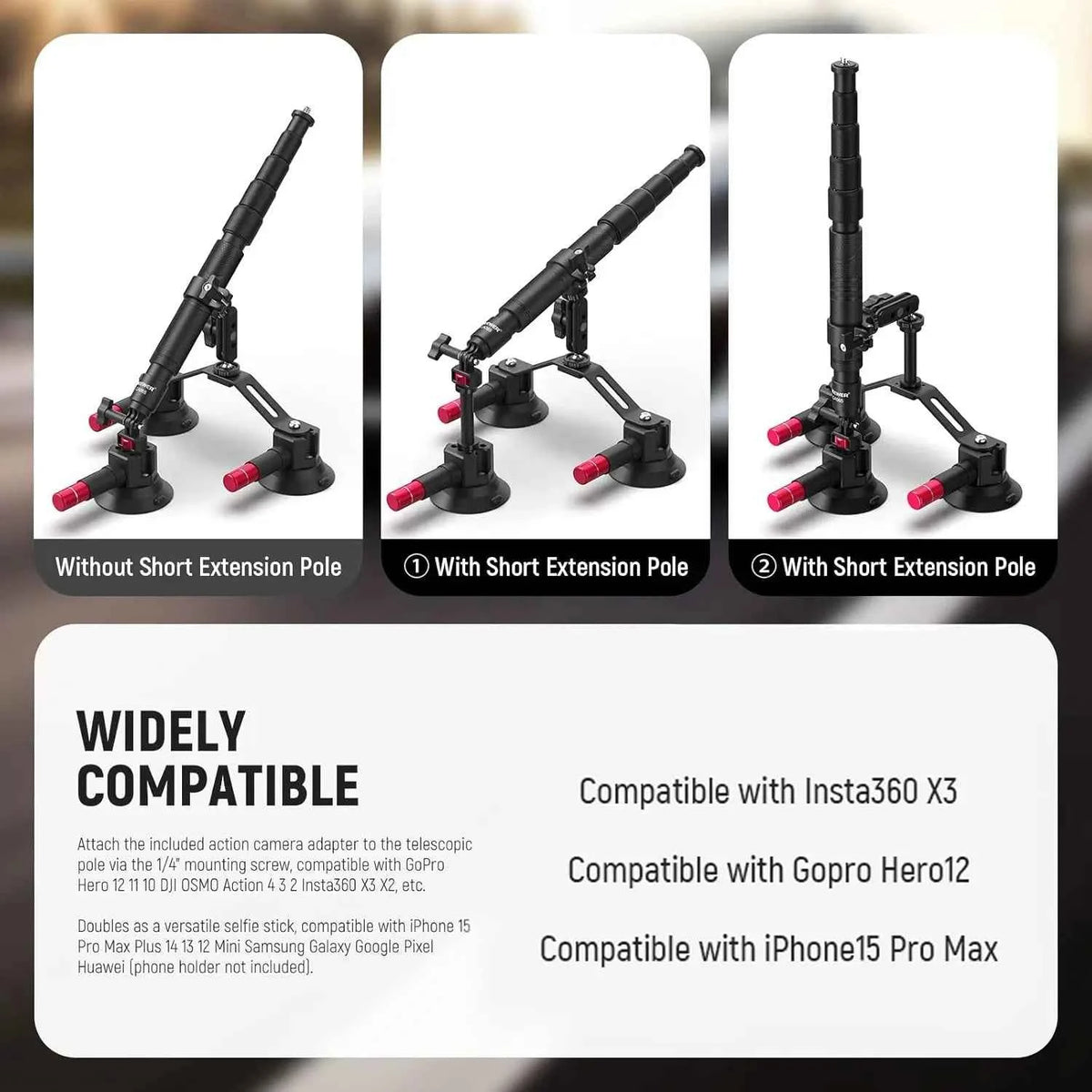 NEEWER Triple Suction Cup Car Mount Kit for Action Cameras