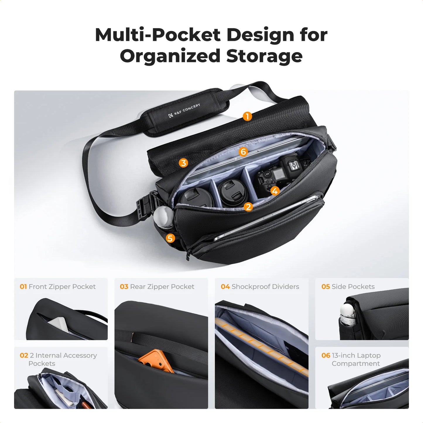 K&F Concept 15L Camera Sling Bag for DSLR & Mirrorless Cameras - Black