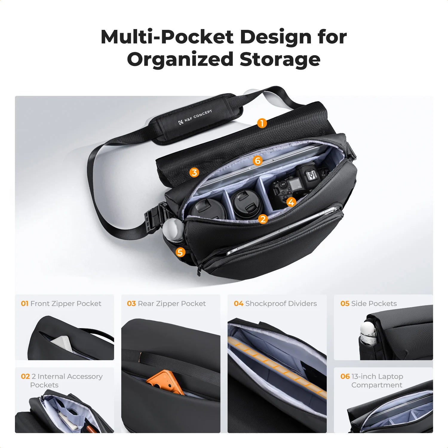 K&F Concept 15L Camera Sling Bag for DSLR & Mirrorless Cameras - Black