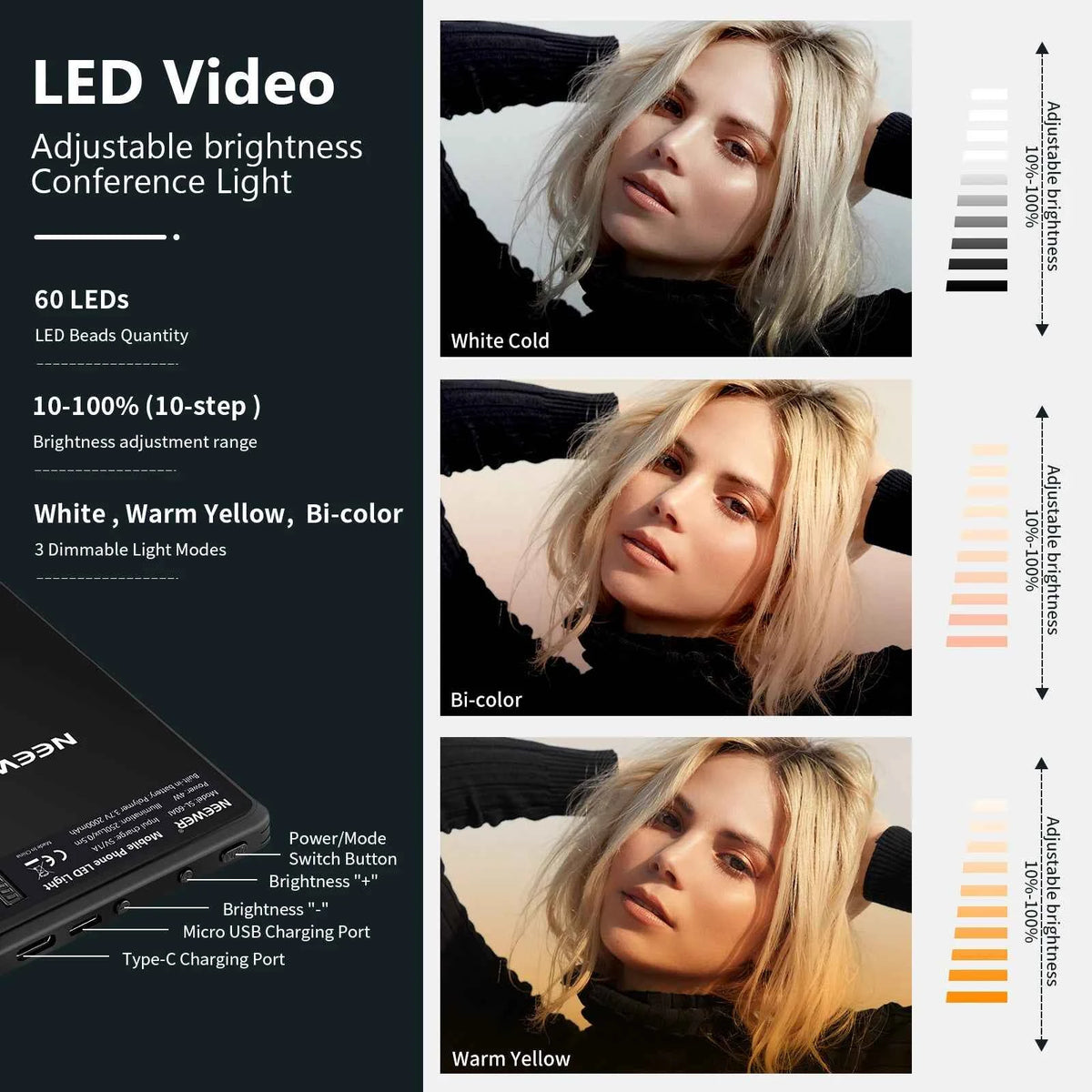 NEEWER Rechargeable Selfie Light with Front and Back Phone Clip