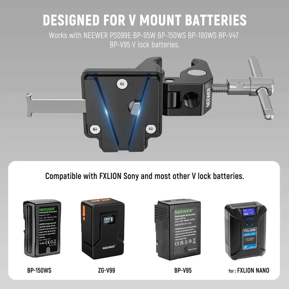 NEEWER Mini V-Mount Battery Plate with Super Crab Clamp