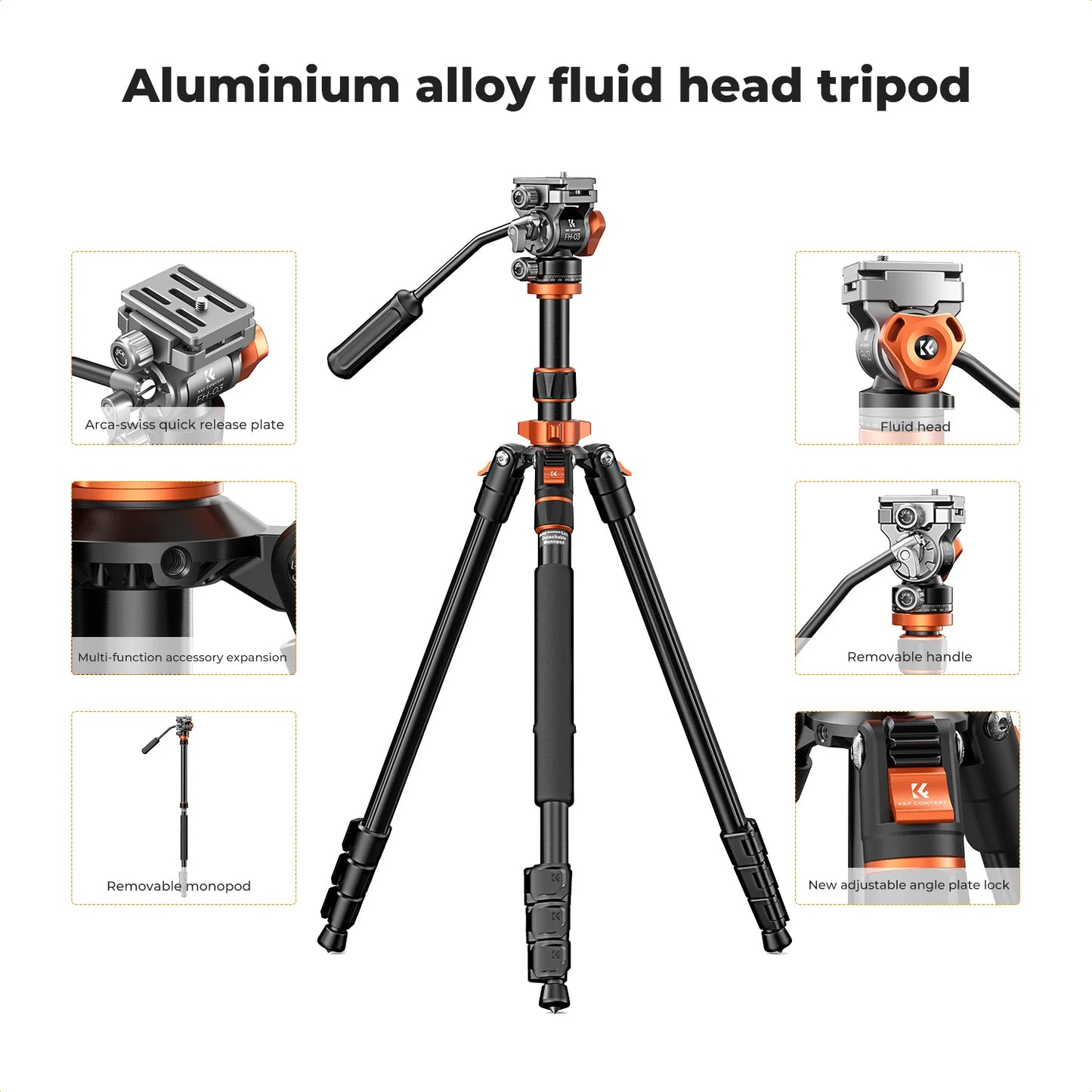 K&F Concept 83-Inch Aluminium Video Tripod with Fluid Head