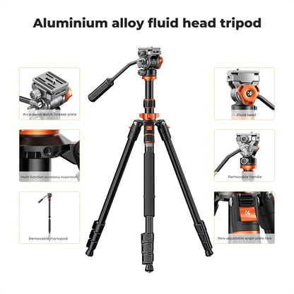 K&F Concept 83-Inch Aluminium Video Tripod with Fluid Head