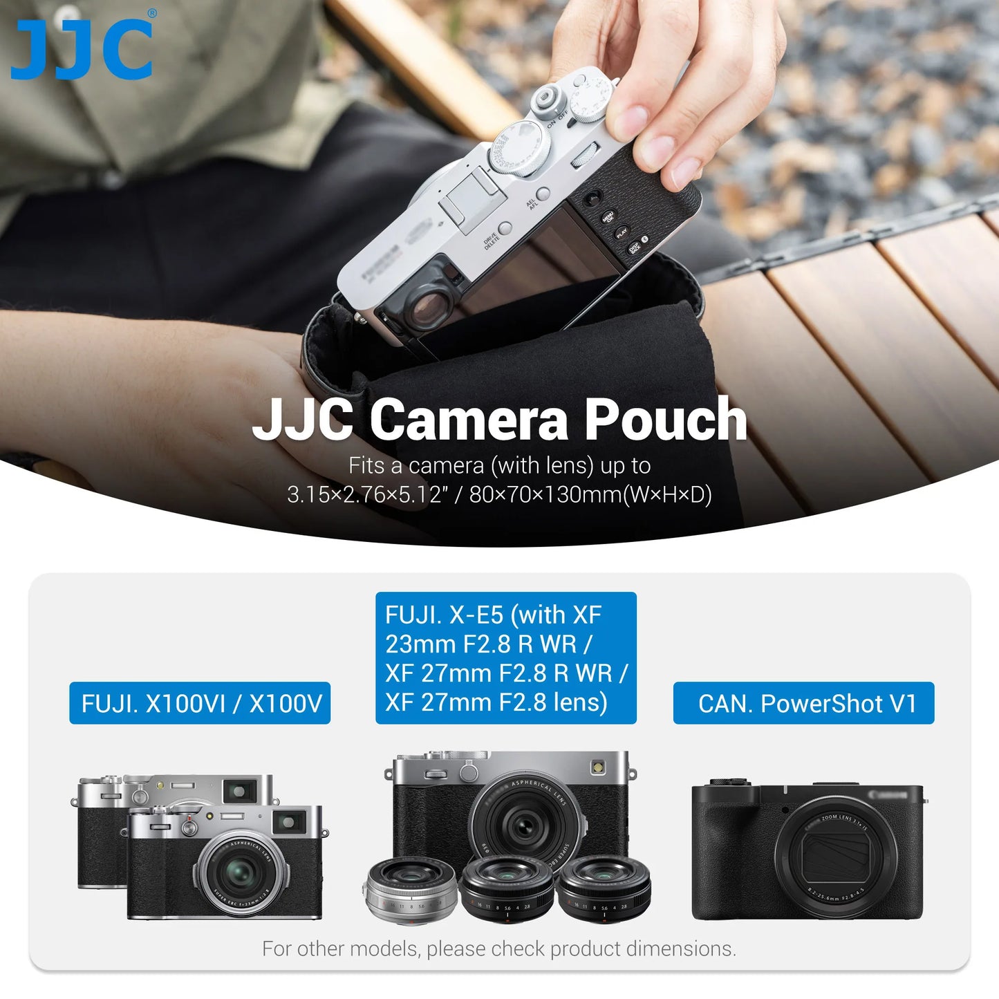 JJC Compact Camera Pouch & Strap Options for Fujifilm X-E5/X100VI - Blue Leather Pouch