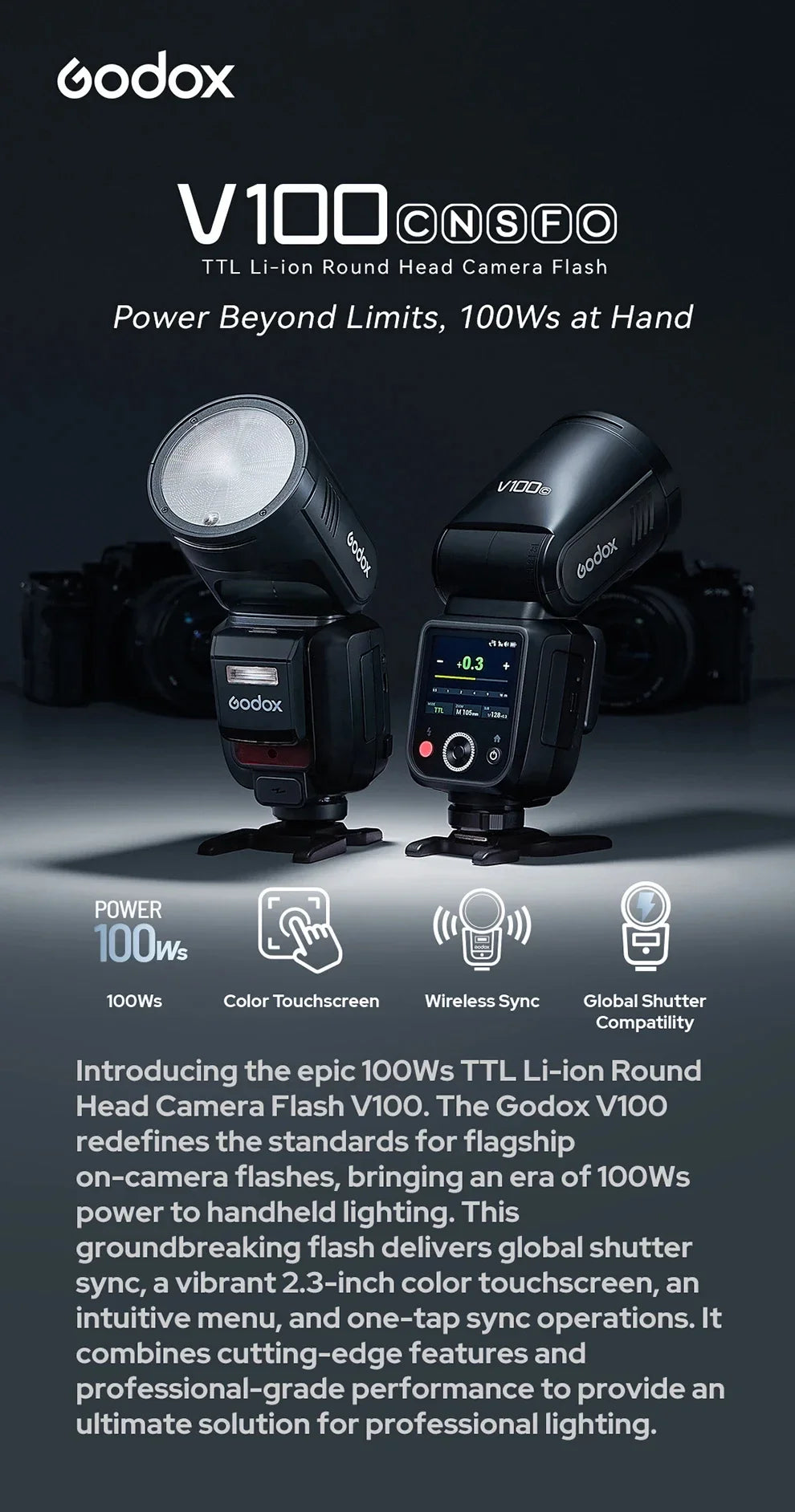 Godox V100 100Ws TTL Round Head Camera Flash